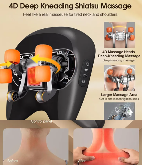 Shiatsu Neck & Shoulder Massage Pillow — Deep Kneading with Heat for Daily Decompression