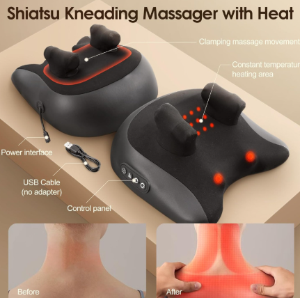 Shiatsu Neck & Shoulder Massage Pillow — Deep Kneading with Heat for Daily Decompression